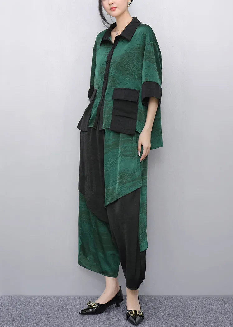 Green Peter Pan Collar Top and Wide Leg Pants Two Pieces Set Summer