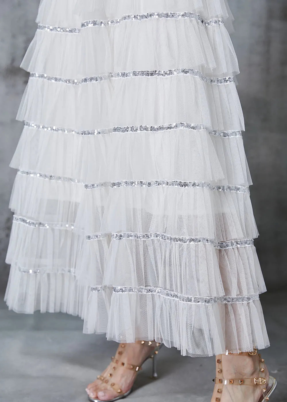 French White Sequins Patchwork Layered Tulle Skirts Fall