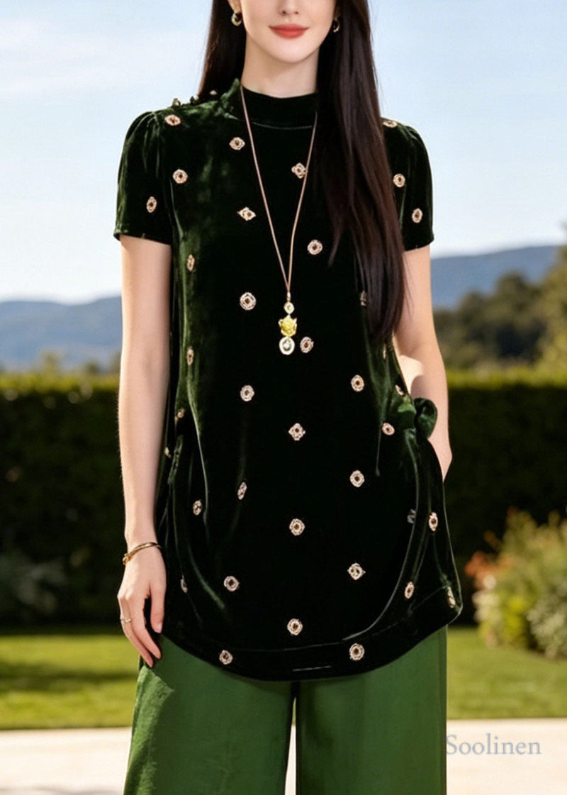 Classy Green Stand Collar Print Silk Two Piece Set Clothing Summer