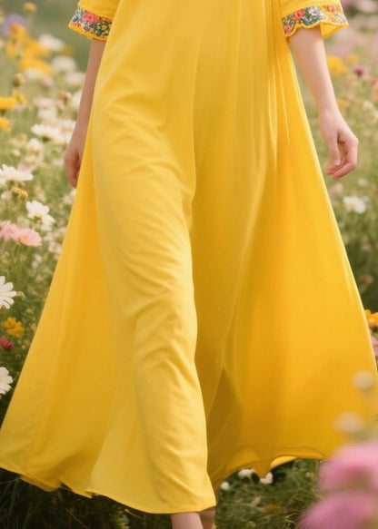 Yellow V Neck Patchwork Cotton a Line Dress Summer