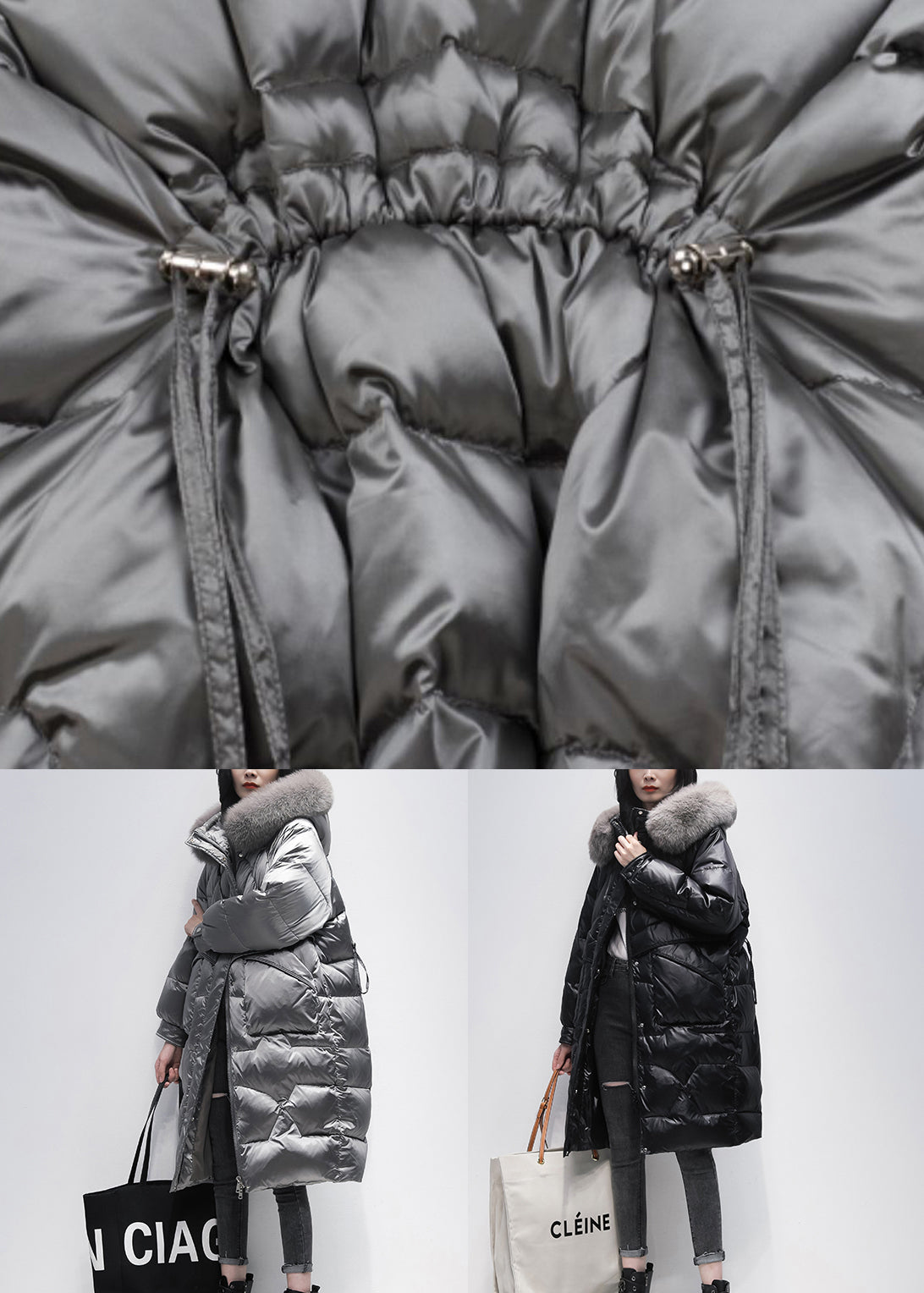 Italian Grey Zip Up Fur Collar Cotton Blend Hooded Coat Winter