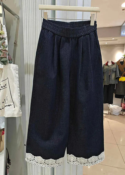 Loose Navy Pockets Lace Patchwork Denim Crop Pants Summer