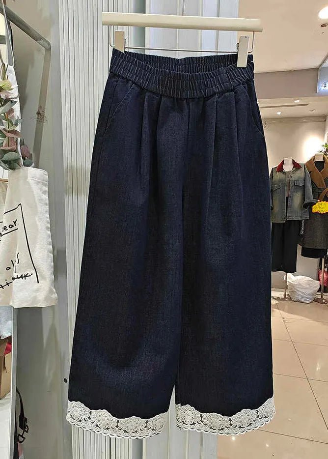 Loose Navy Pockets Lace Patchwork Denim Crop Pants Summer