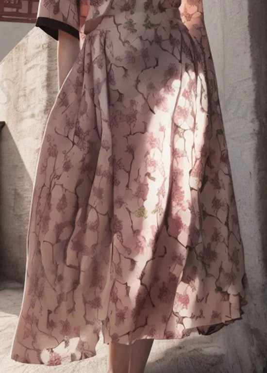 Pink V Neck Print Wrinkled Silk Dress Summer