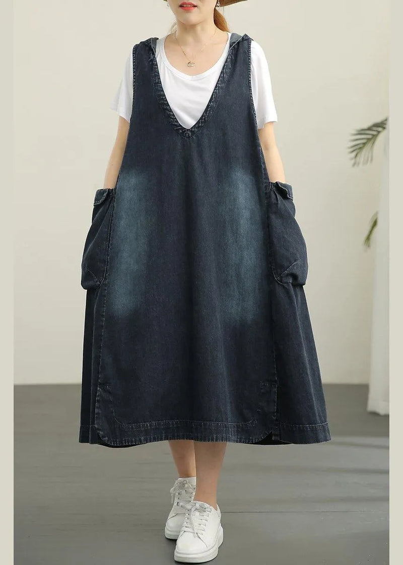 V-neck Denim Dress Double Pocket Loose Large T-shirt Two Piece Set