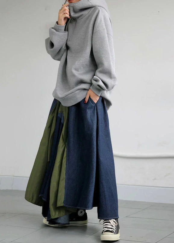 Mixed Color Asymmetrical Patchwork Denim Skirt Summer
