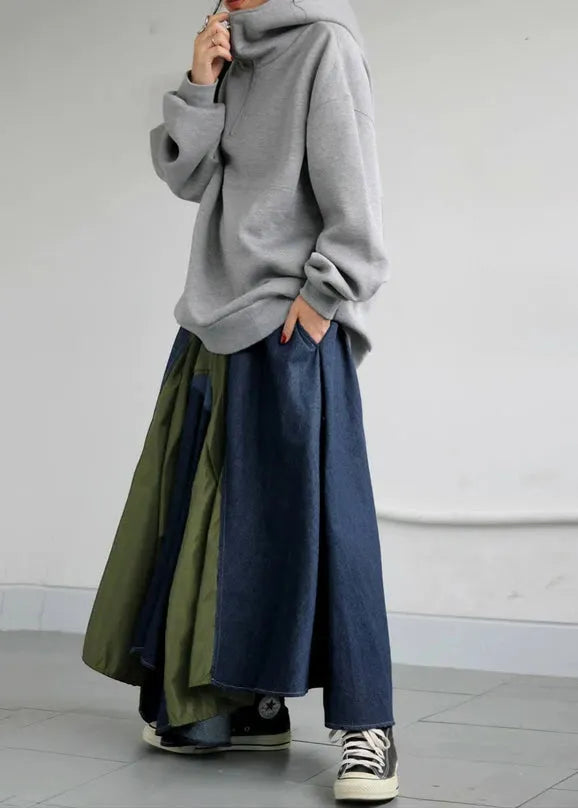 Mixed Color Asymmetrical Patchwork Denim Skirt Summer