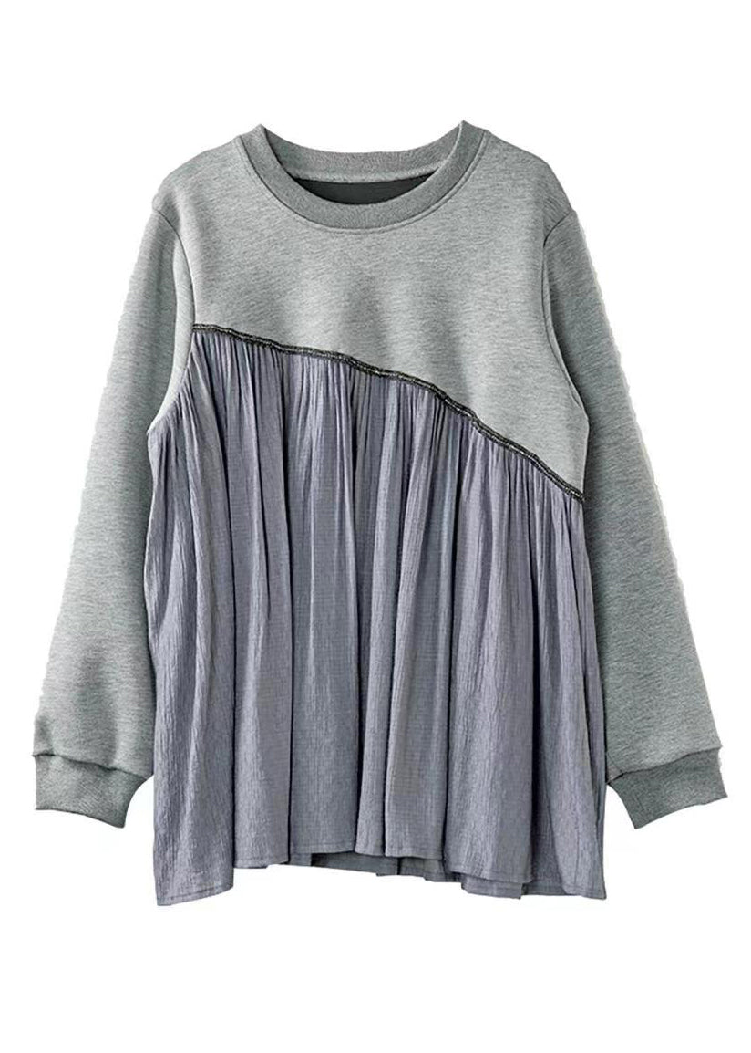Grey O-neck Wrinkled Patchwork Sweatshirt Spring