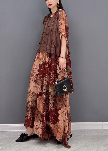 Brown Hooded Knit Patchwork Chiffon Tops and Wide Leg Pants Two Pieces Half Sleeve Spring