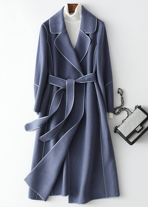 Light Blue Notched Patchwork Woolen Long Coats Fall