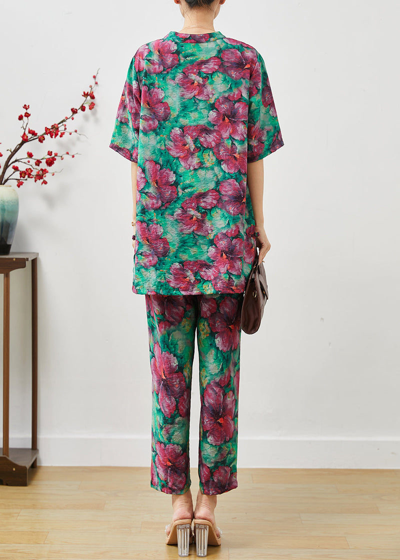 Green Print Linen Two Pieces Set Chinese Button Summer
