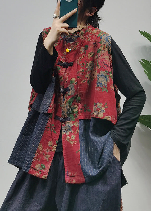 Red Stand Collar Chinese Button Patchwork Print Cotton Vest Sleeveless