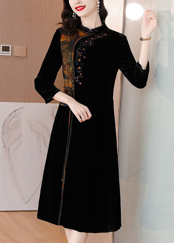 Black Print Embroideried Tassel Silk Velour Maxi Dresses Fall