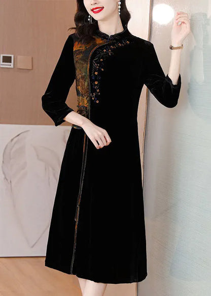Black Print Embroideried Tassel Silk Velour Maxi Dresses Fall