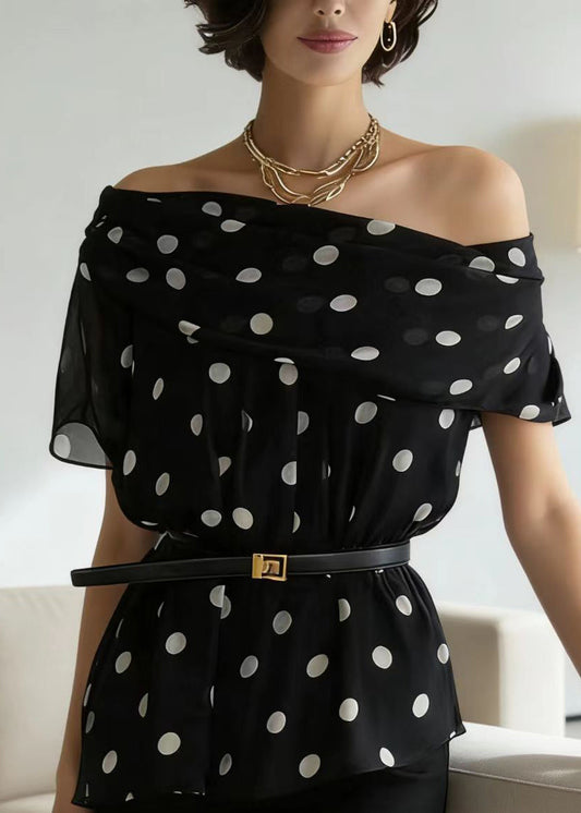 Black Slash Neck Dot Print Chiffon Blouse Top Summer