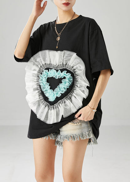 Black Oversized Patchwork Love Appliqued Cotton Tank Tops Summer