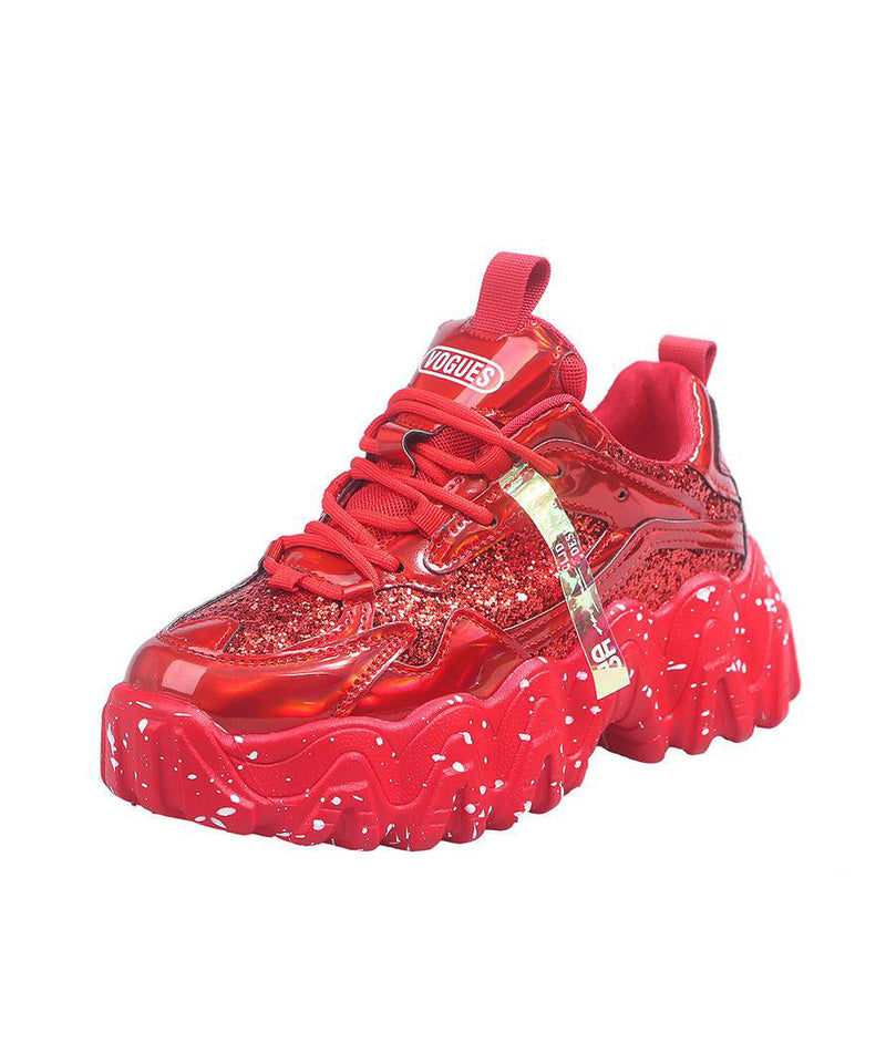 Red Platform Shoes Cowhide Leather Splicing Lace Up