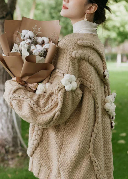 Khaki V Neck Patchwork Cable Knit Cardigan Fall