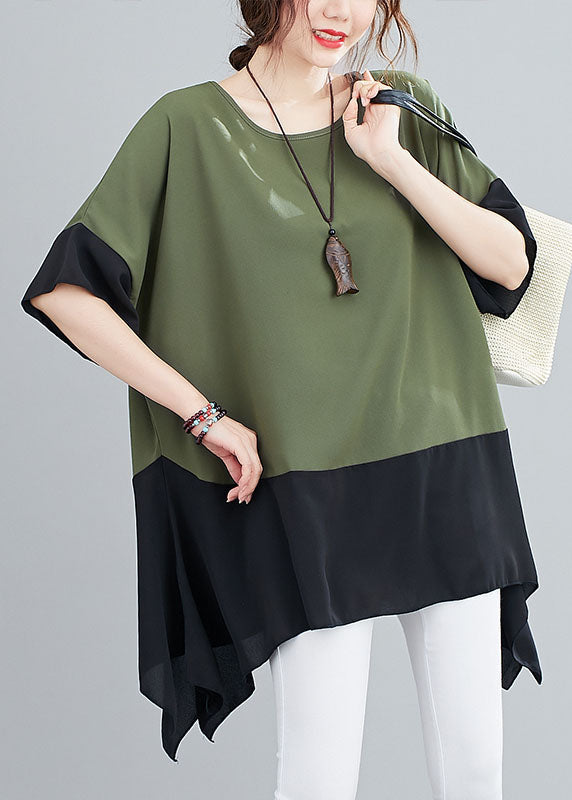 Green O Neck Patchwork Chiffon T Shirts Top Summer