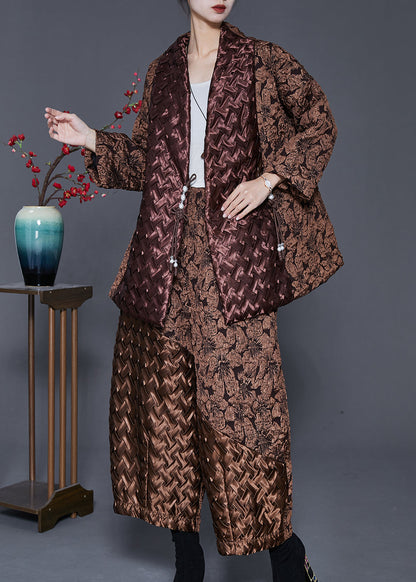 Khaki Tasseled Patchwork Jacquard Fine Cotton Filled Two Pieces Set Spring