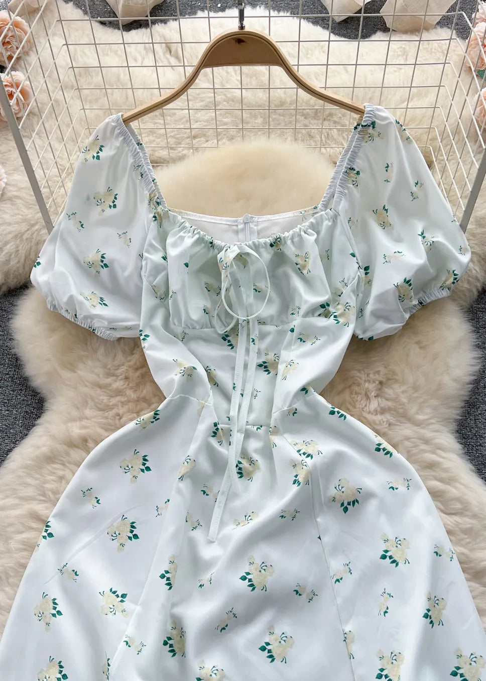 Green Print Lace Up Cotton Dresses Summer