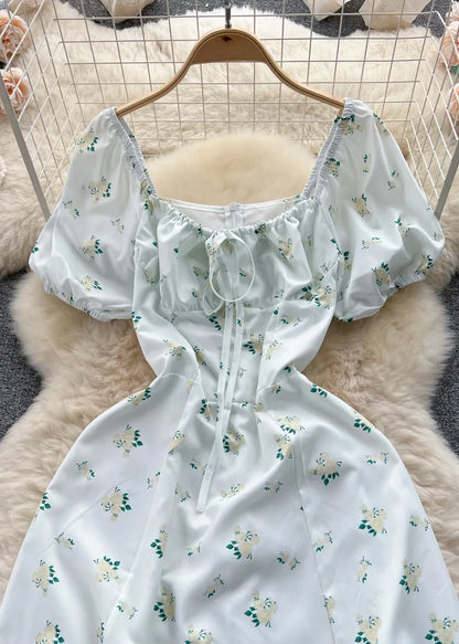 Green Print Lace Up Cotton Dresses Summer