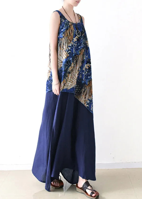 Blue Asymmetrical Print Chiffon Top and Linen Spaghetti Strap Dress Two Pieces Set Summer