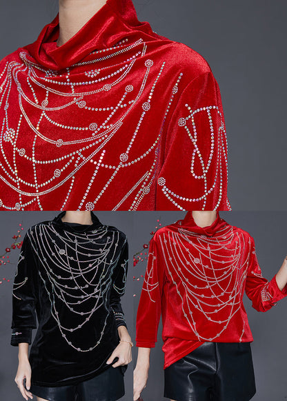 Diy Black Turtle Neck Zircon Silk Velour Shirts Spring