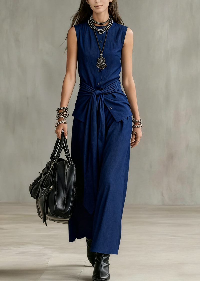 French Navy O Neck Button Tie Waist Denim Two Pieces Set Sleeveless