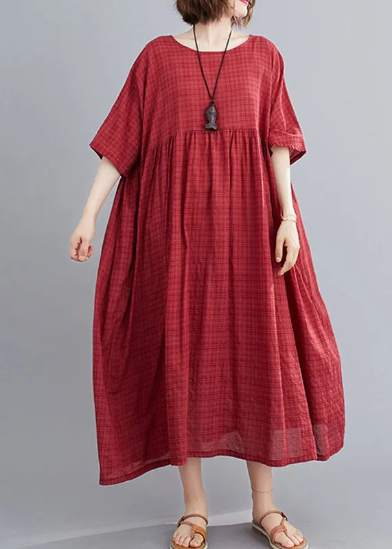 Red Wrinkled Cozy Long Dress Short Sleeve