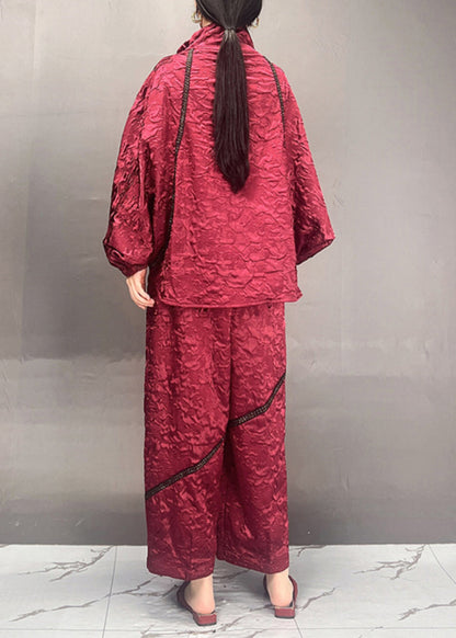 Red Stand Collar Patchwork Cotton Two Piece Set Fall