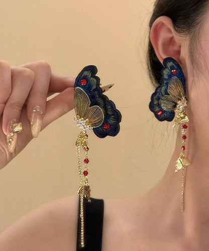Chinese Style Gold Copper Zircon Butterfly Tassel Drop Earrings