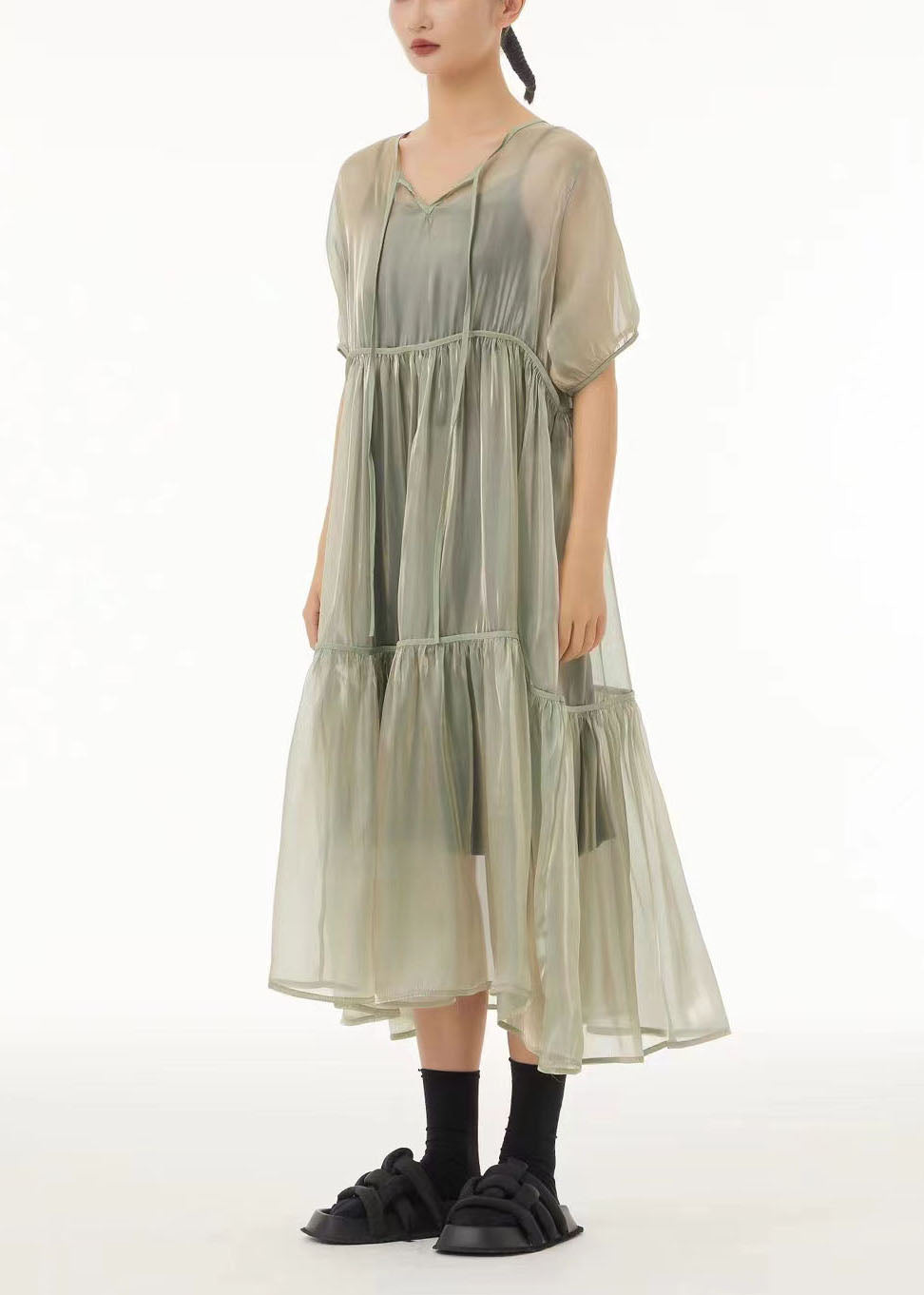 Art Light Green Oversized Lace Up Tulle Dress Sets 2 Pieces Summer