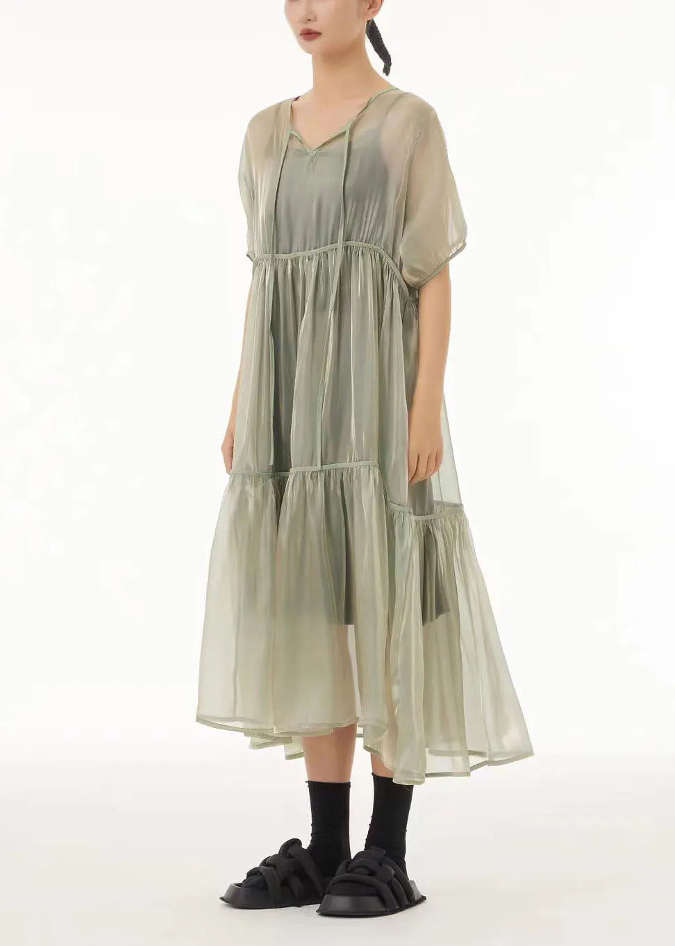 Art Light Green Oversized Lace Up Tulle Dress Sets 2 Pieces Summer