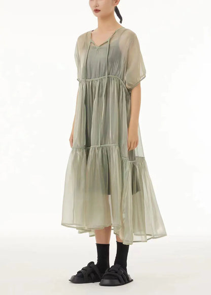 Art Light Green Oversized Lace Up Tulle Dress Sets 2 Pieces Summer