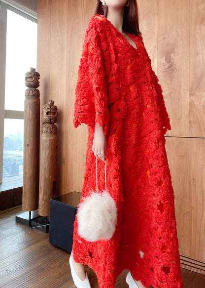 Stylish Red V Neck Hollow Out Lace Long Dress Flare Sleeve