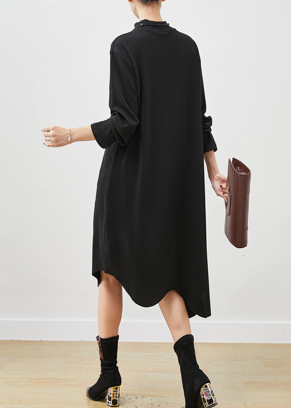Black Asymmetrical Embroideried Cotton Dress Spring