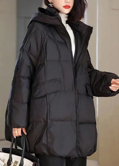 Natural Black Stand Collar Pockets Hooded Puffer Jacket Winter