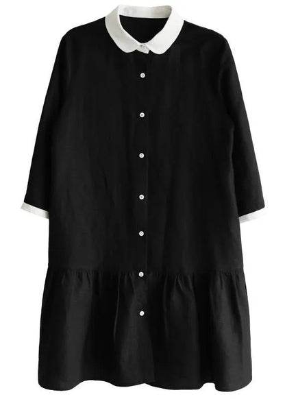 Black Long Sleeve Peter Pan Collar Patchwork Spring Cotton Dress