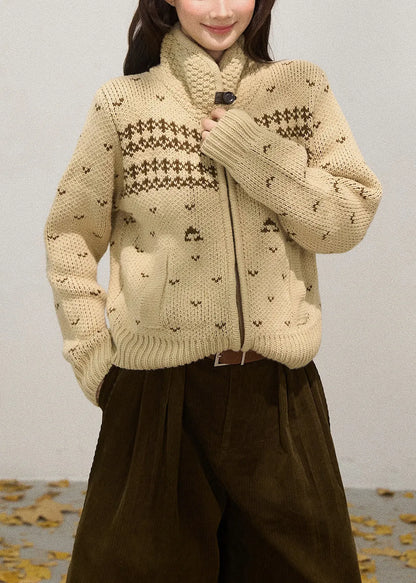 Khaki Stand Collar Zippered Knit Jackets Fall