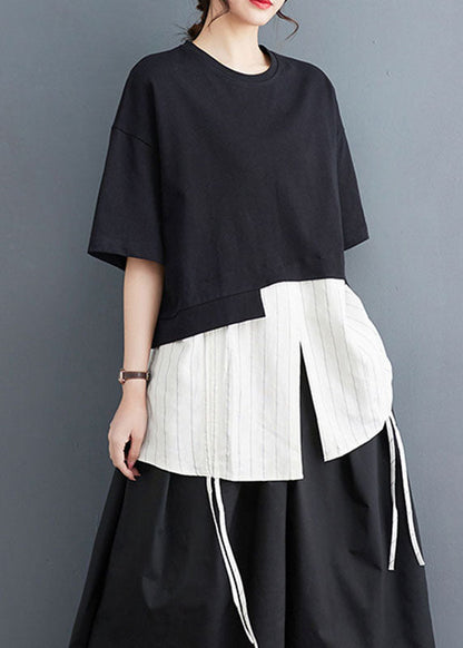 Black Striped Patchwork Fake Two Pieces Top Short Sleeve