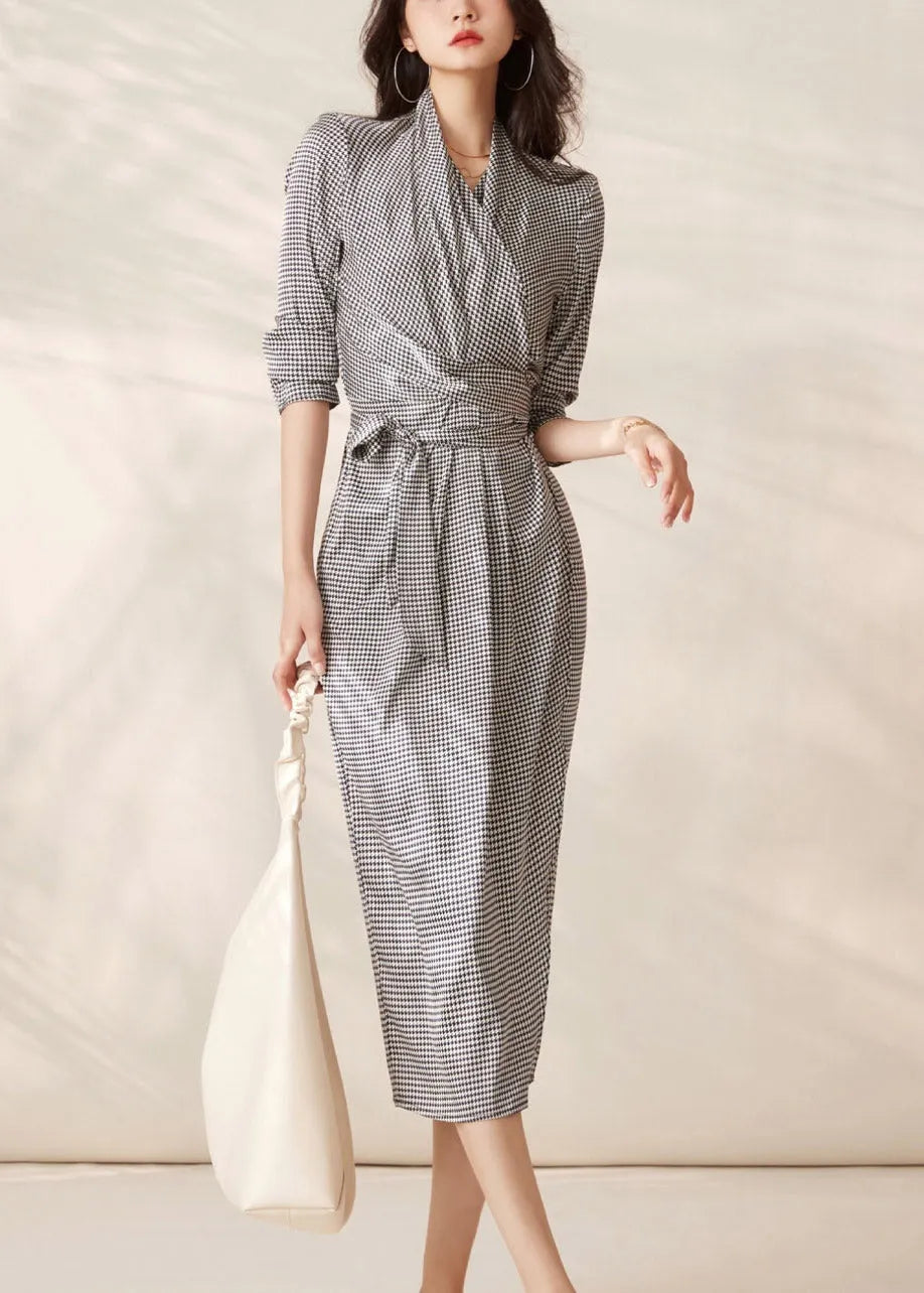 Grey V Neck Plaid Tie Waist Chiffon Dresses Long Sleeve
