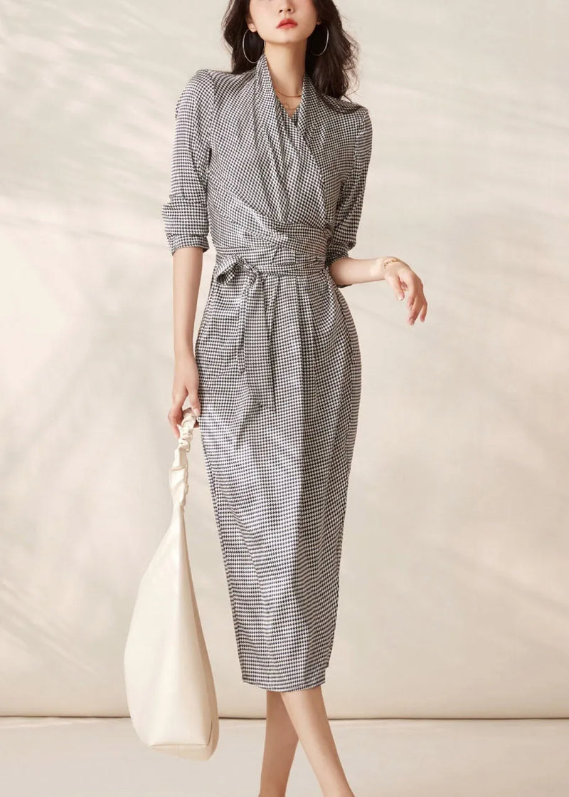 Grey V Neck Plaid Tie Waist Chiffon Dresses Long Sleeve