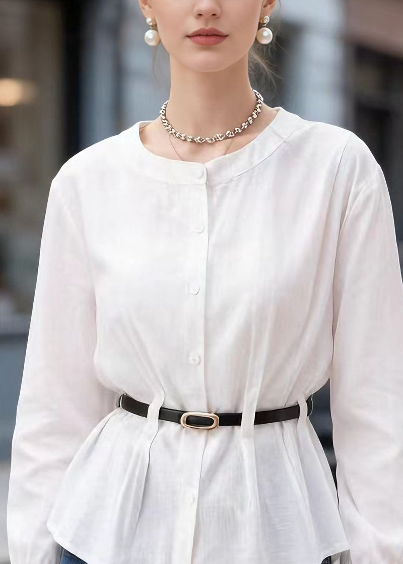 Style White O Neck Button Sashes Cotton Top Spring
