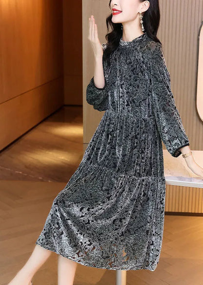 Grey O-neck Patchwork Print Silk Velour Maxi Dress Spring