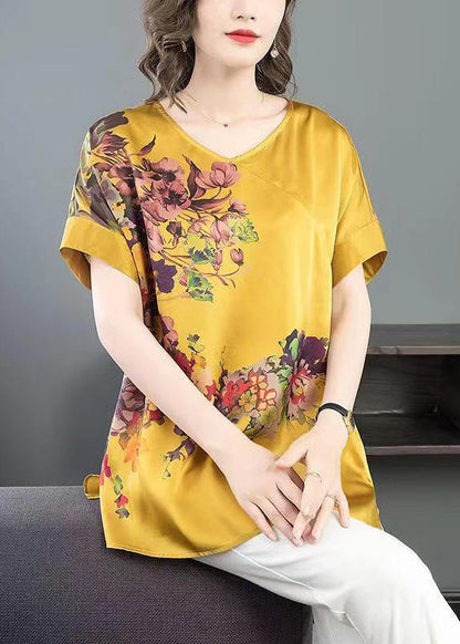 Yellow V Neck Print Patchwork Silk T Shirt Top Summer