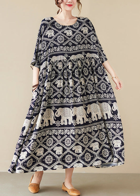 Loose Black O-neck Print Maxi Cotton Dress Half Sleeve Summer