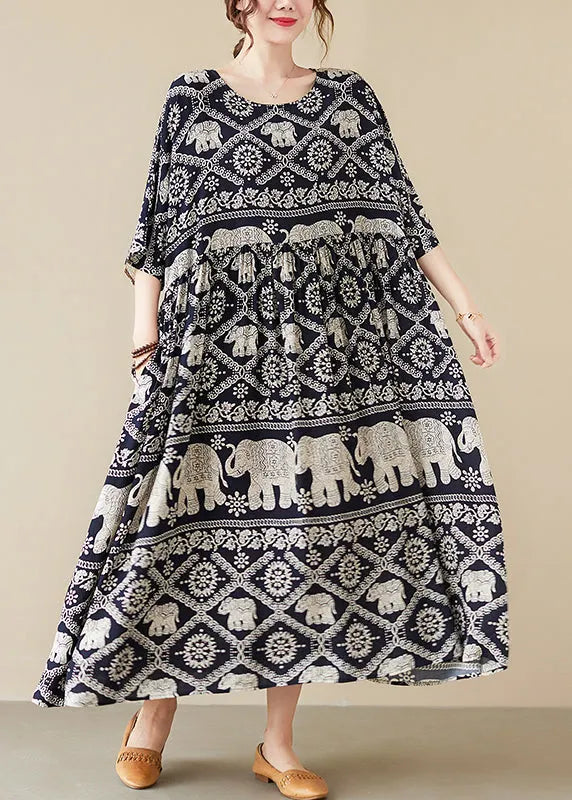 Black O-neck Elephant Print Chiffon Party Dress Half Sleeve