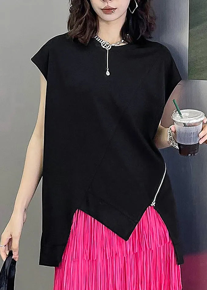 Modern Black O-neck Asymmetrical Patchwork Cotton T Shirt Summer