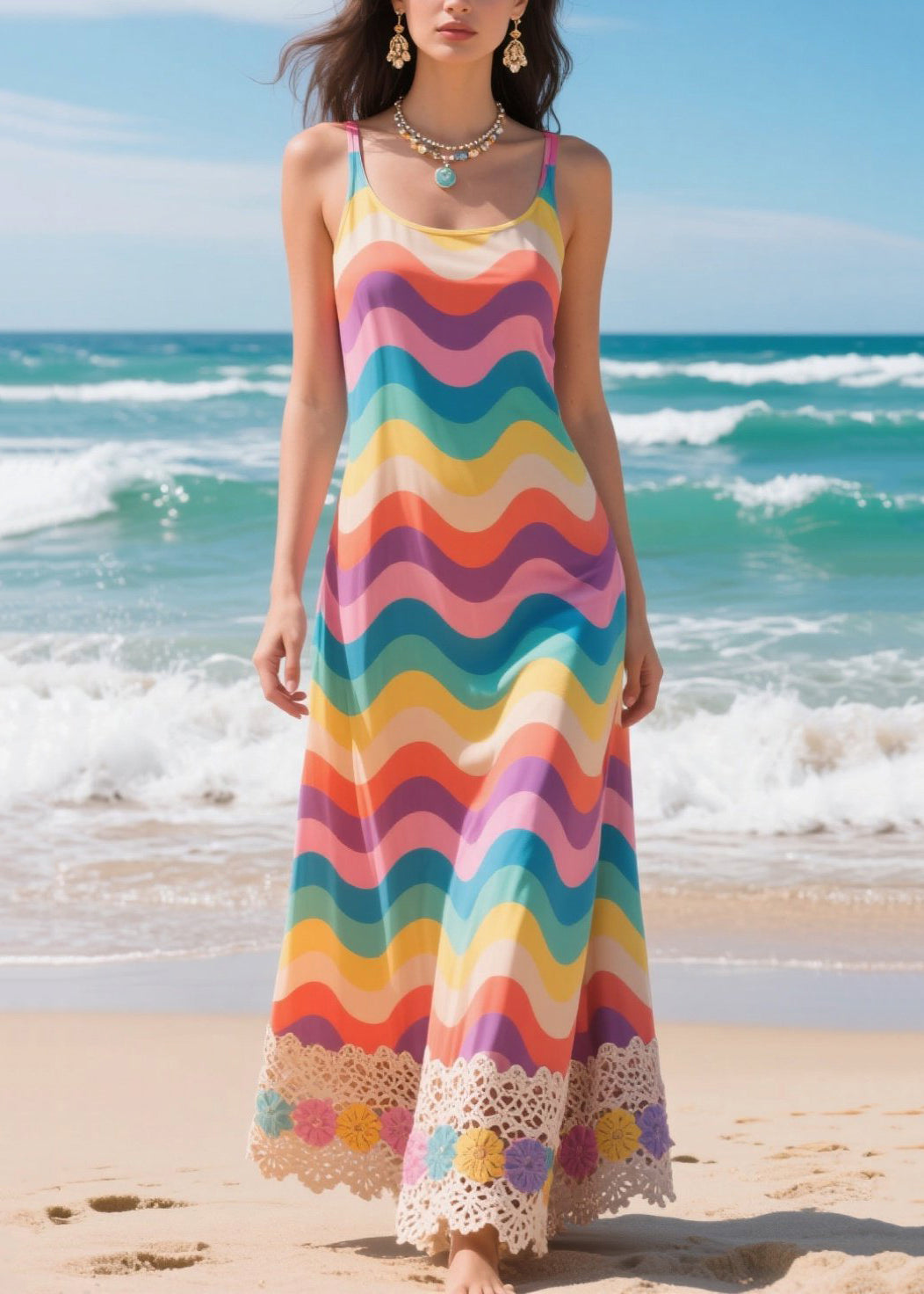 Rainbow Striped Patchwork Lace Chiffon Cami Dresses Summer